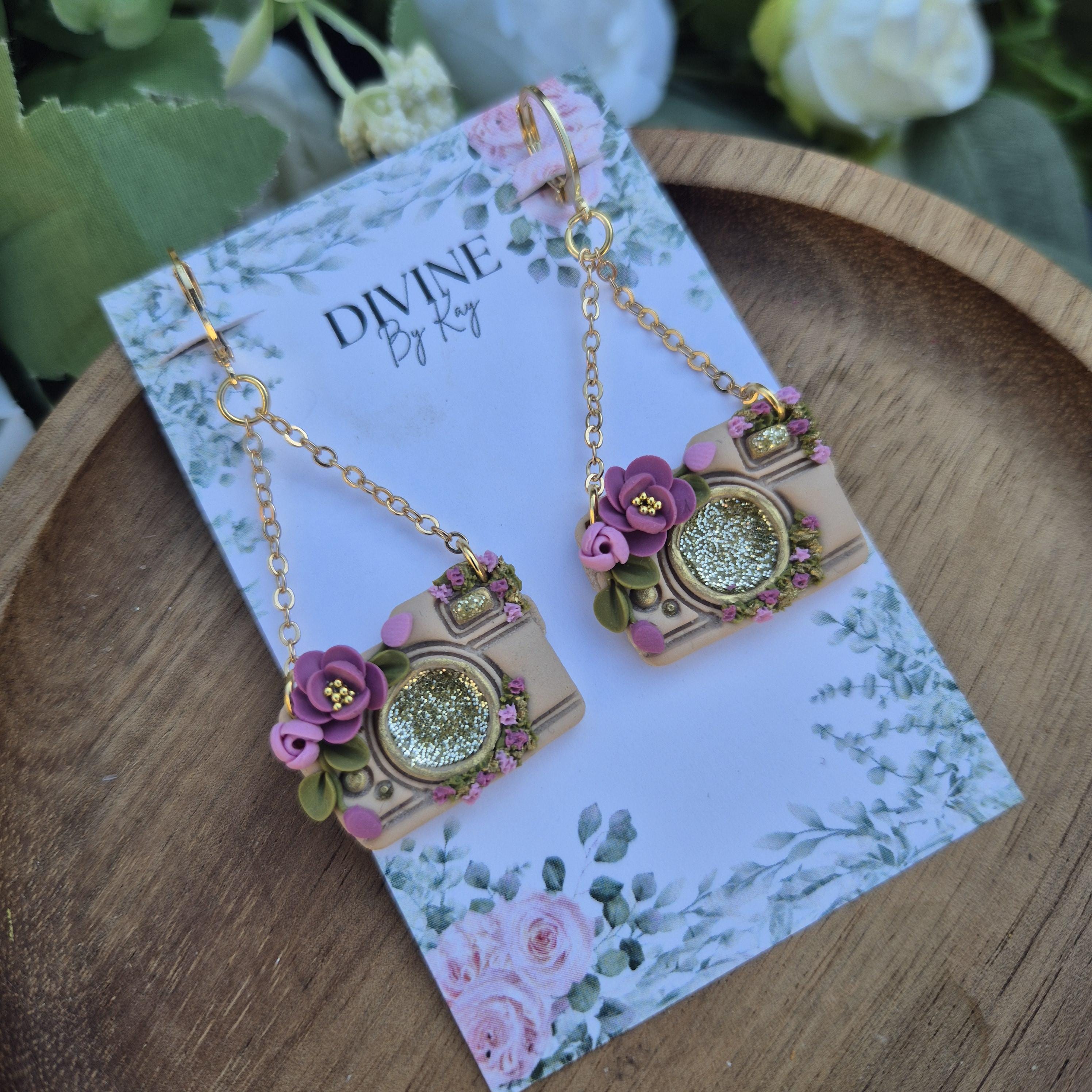 Handmade Clay Camera Dangle Earrings: Floral Sparkle, Surgical Steel