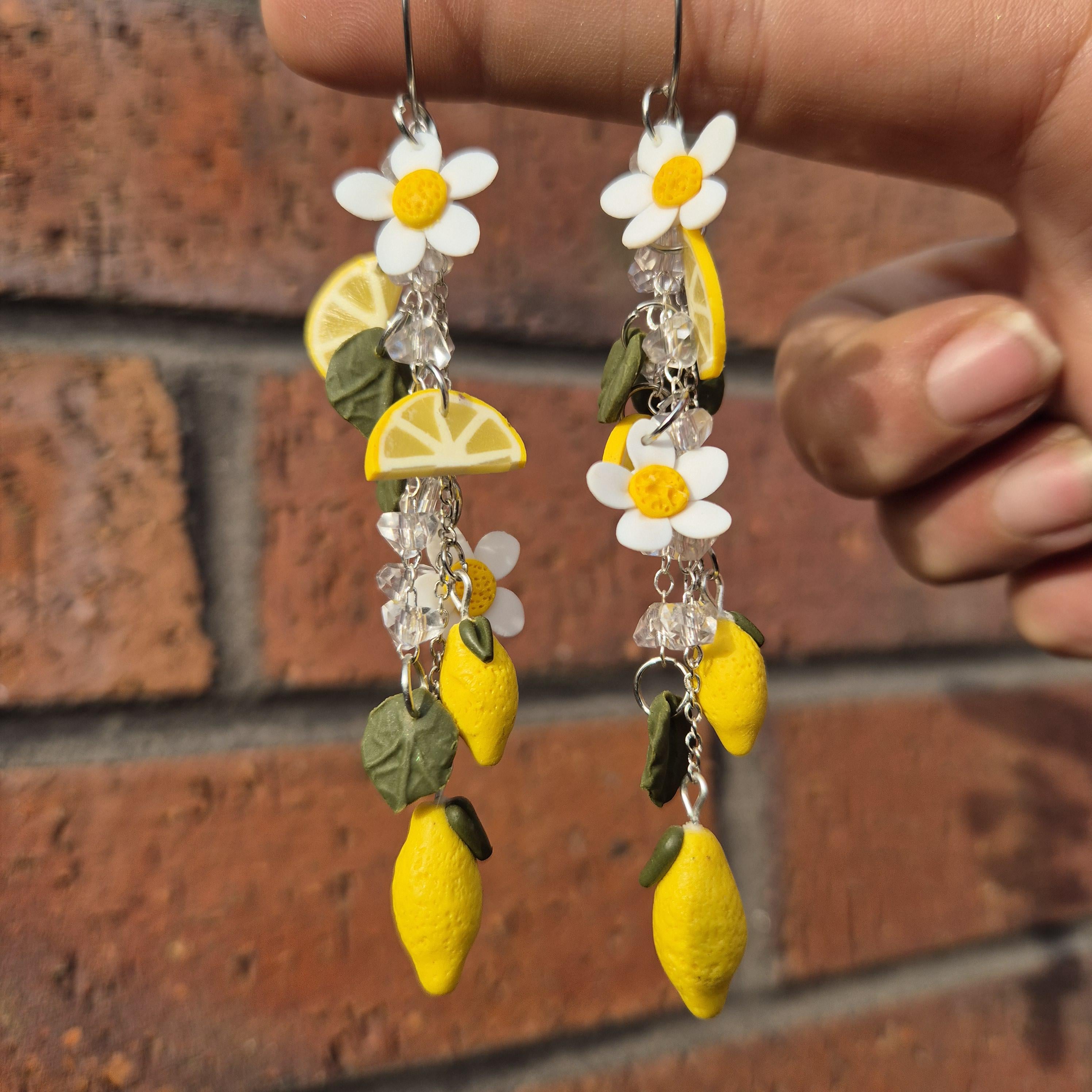 Lemon Charm Earrings, Crystal Dangle Hoops, Handmade Polymer Clay Citrus Jewellery