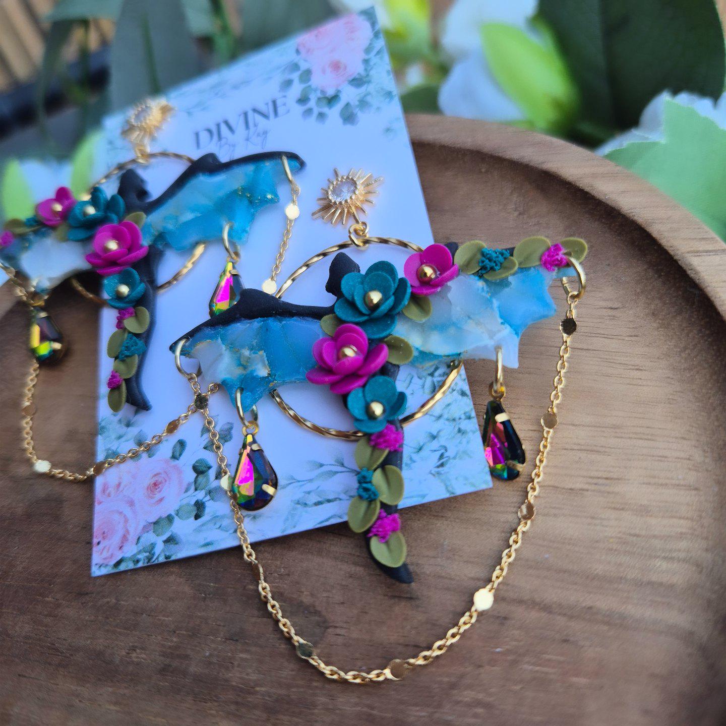 Elegant Clay Dragon Earrings: Gothic Floral Jewelry