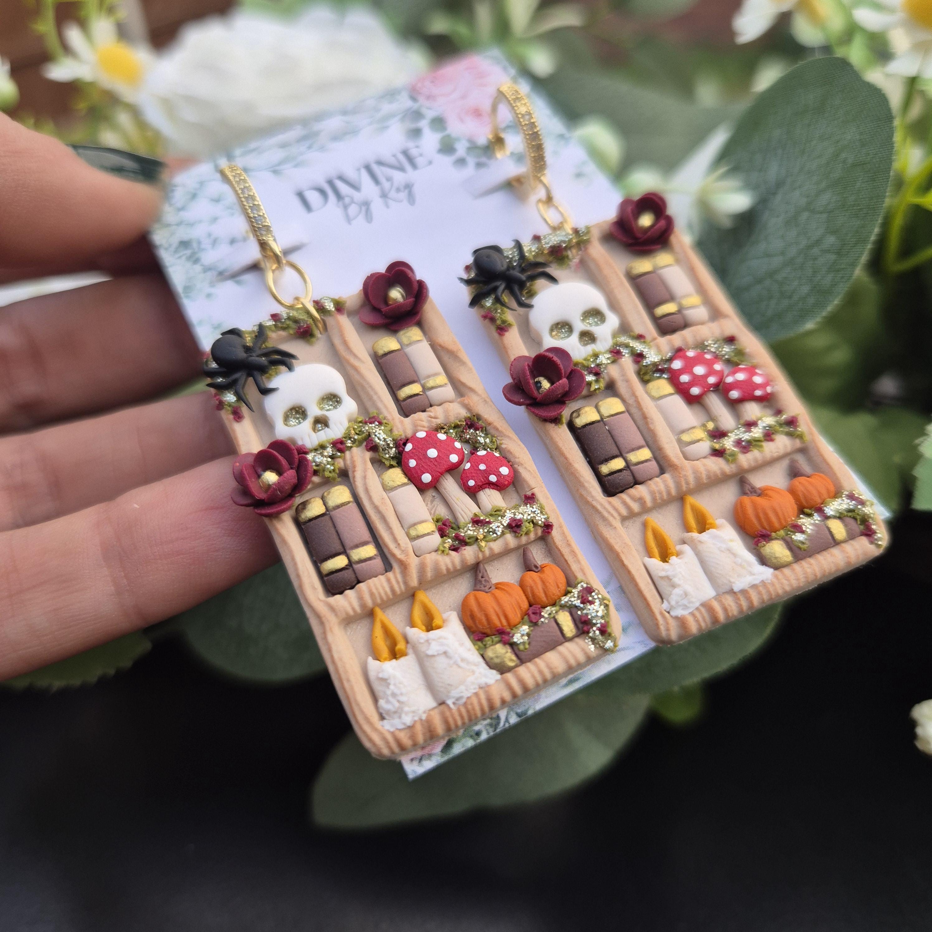 Spooky Skull Book Earrings: Halloween Clay Earrings with 18k Gold Hooks