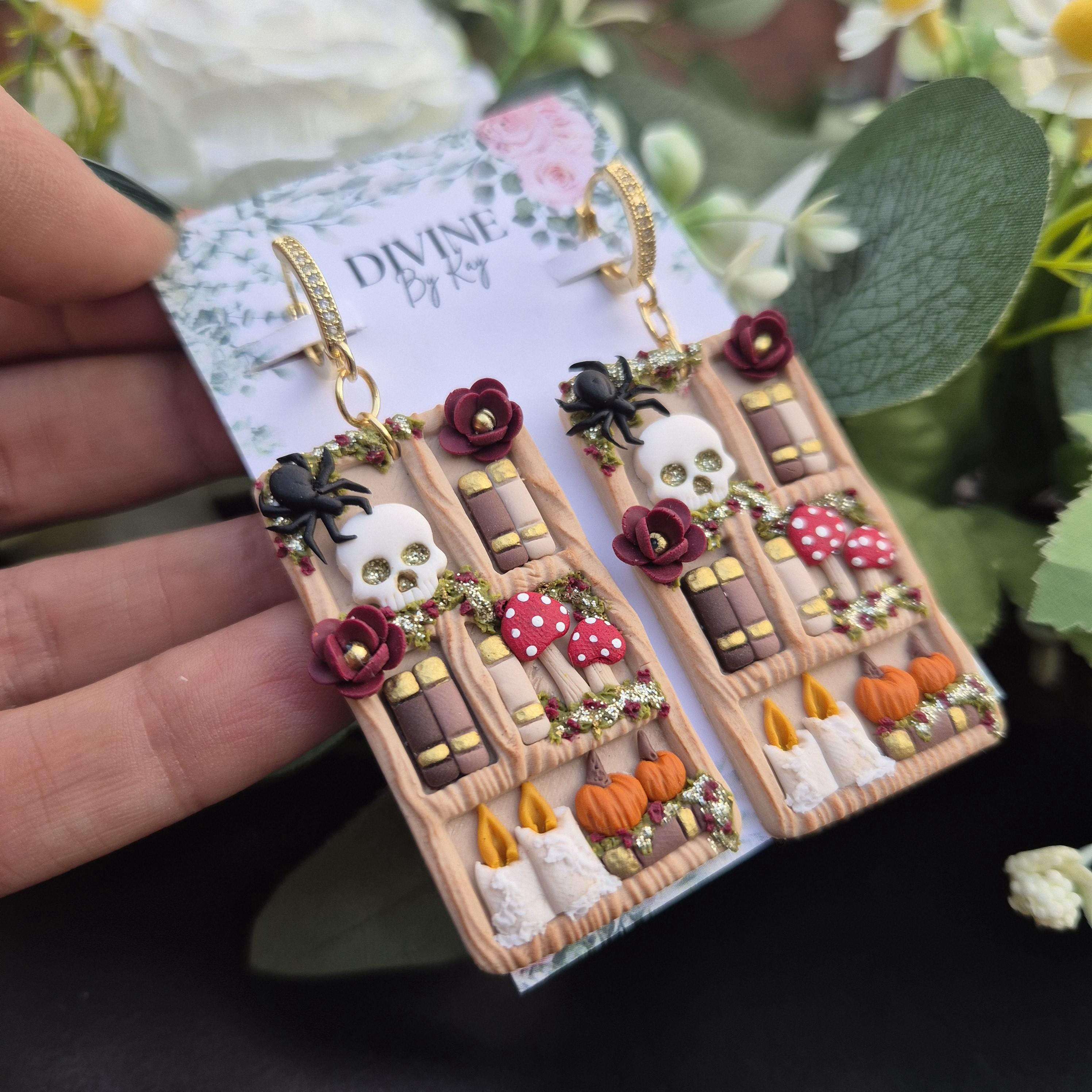 Spooky Skull Book Earrings: Halloween Clay Earrings with 18k Gold Hooks