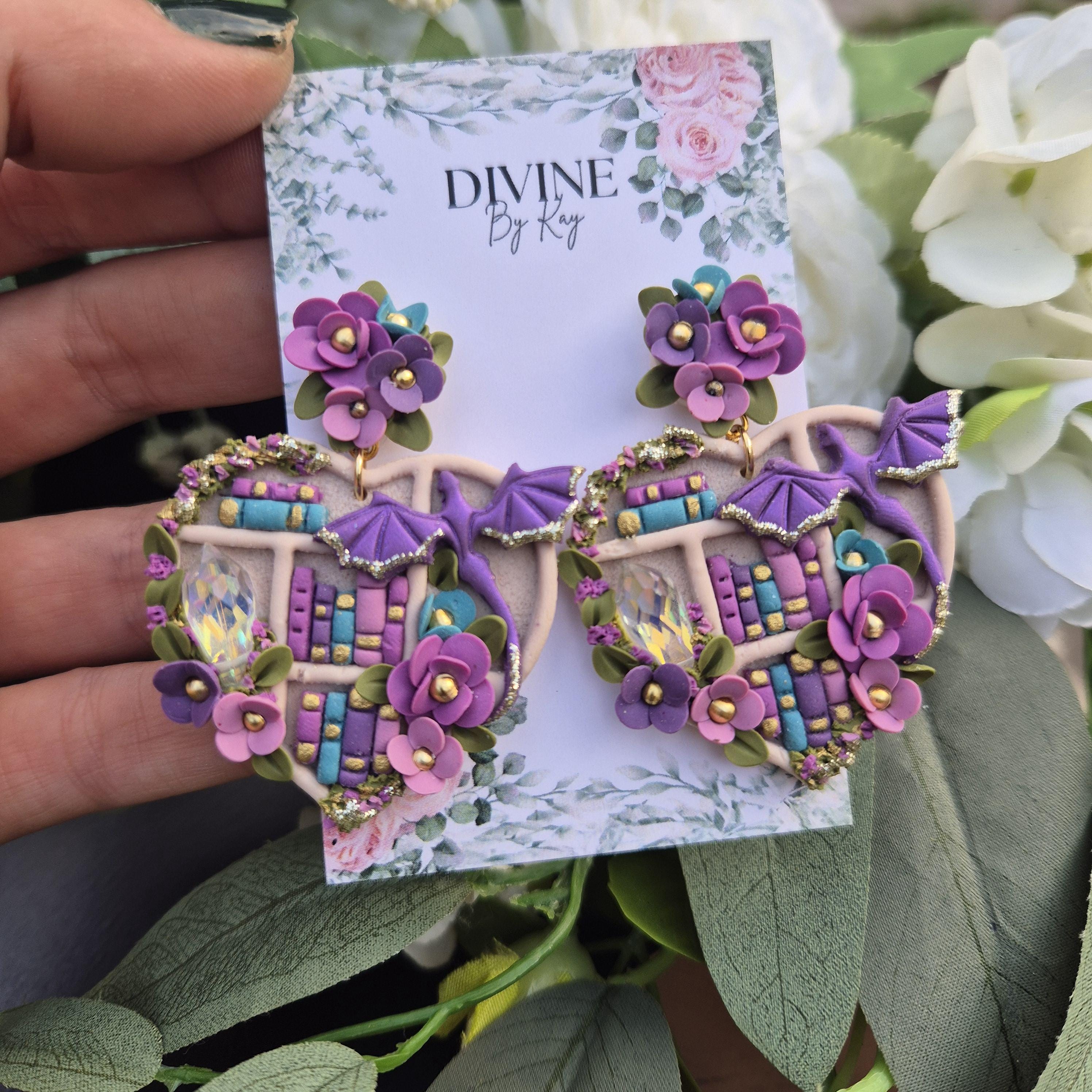 Dragon Book Earrings: Pink & Purple Crystal Bookshelf - Gold Moon Post