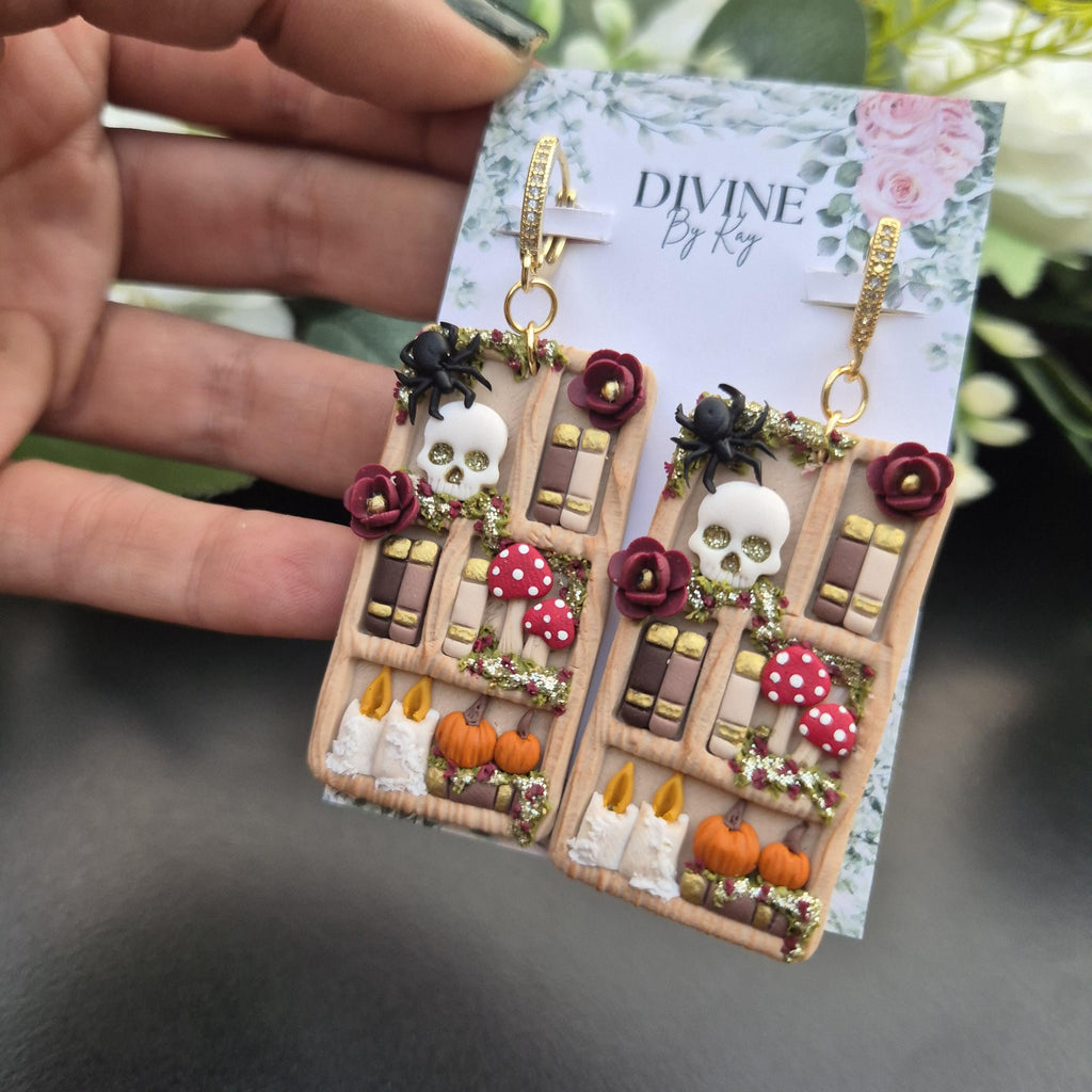 Spooky Skull Book Earrings: Halloween Clay Earrings with 18k Gold Hooks