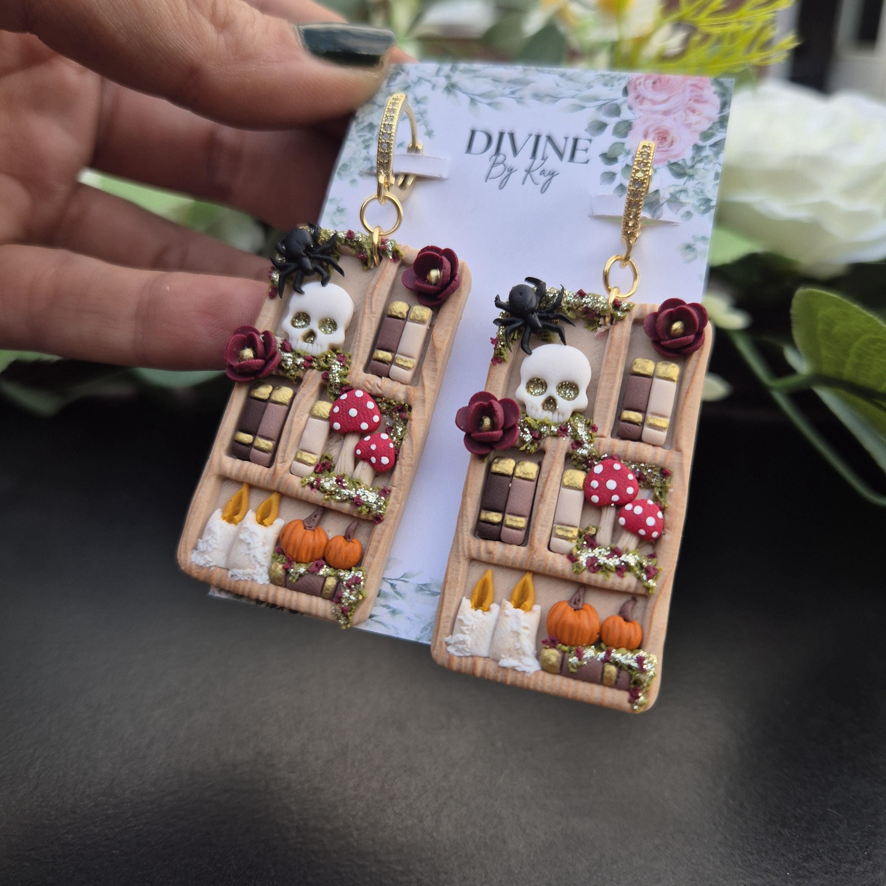 Spooky Skull Book Earrings: Halloween Clay Earrings with 18k Gold Hooks