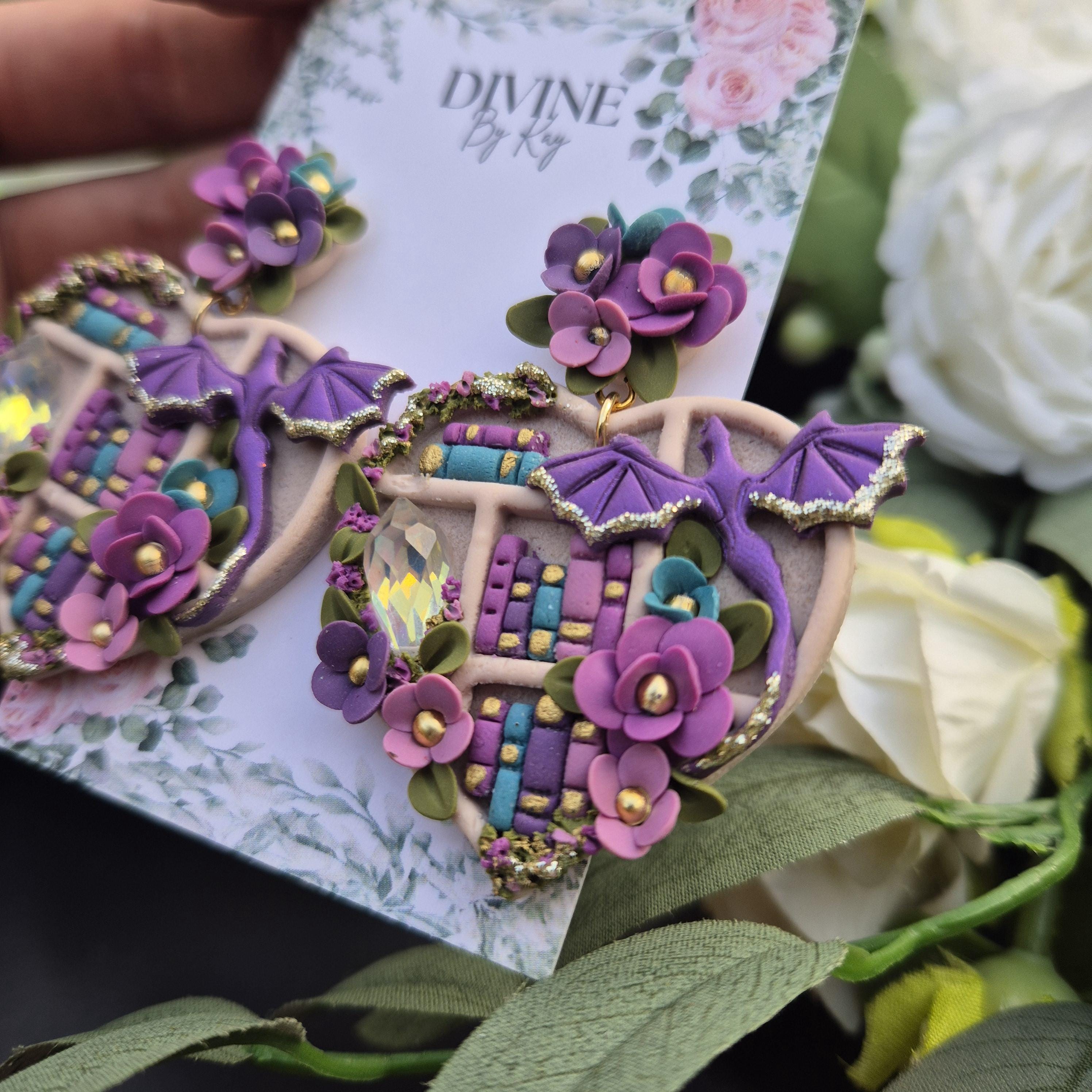 Dragon Book Earrings: Pink & Purple Crystal Bookshelf - Gold Moon Post