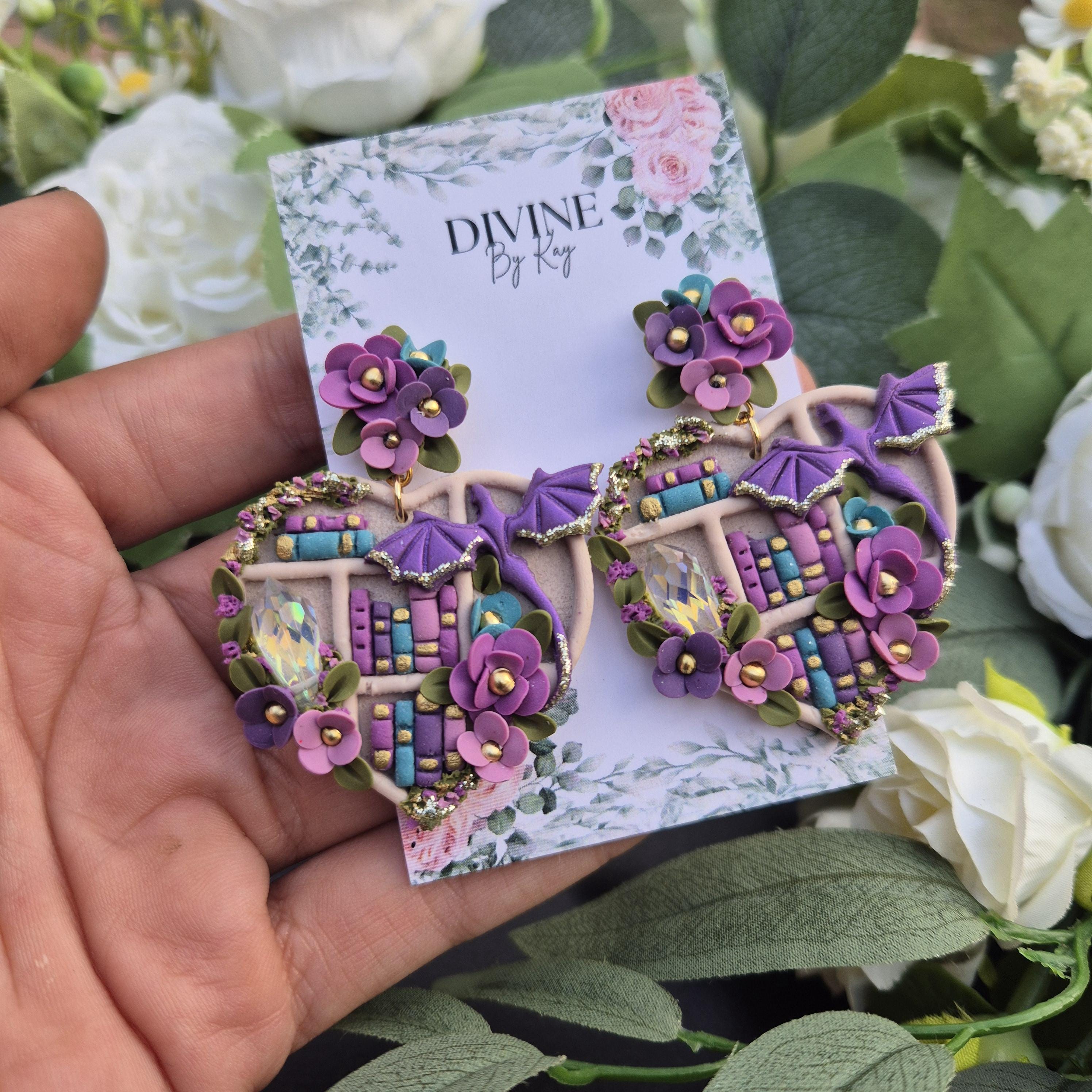 Dragon Book Earrings: Pink & Purple Crystal Bookshelf - Gold Moon Post
