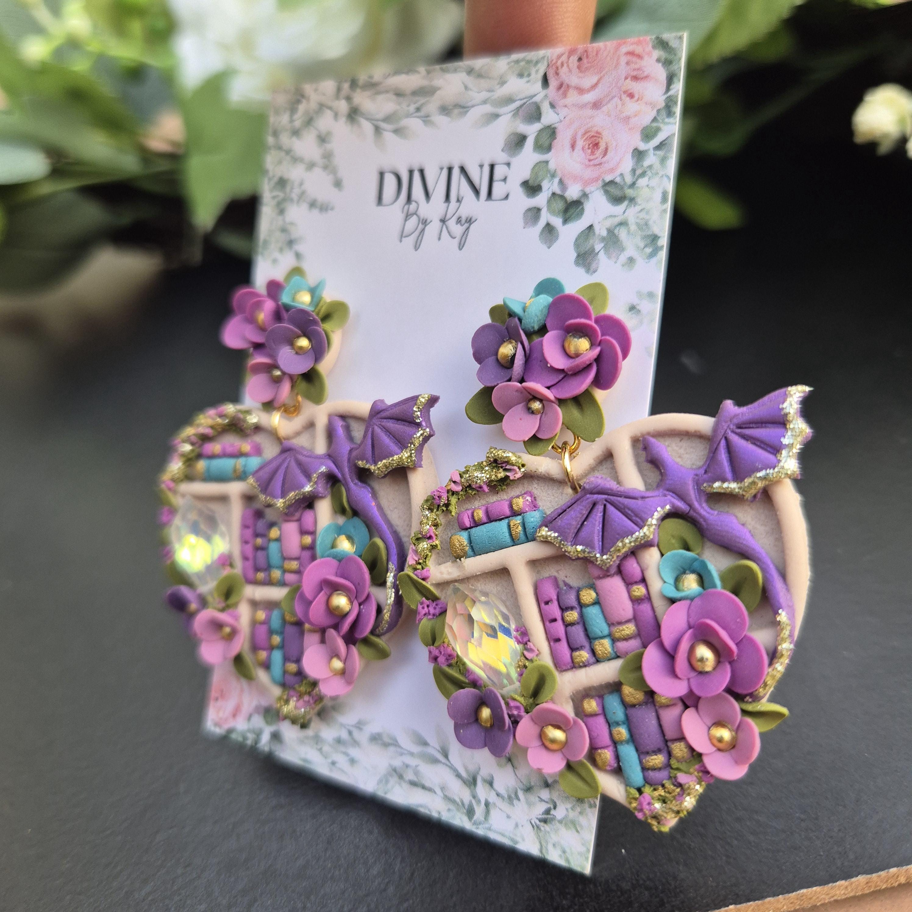 Dragon Book Earrings: Pink & Purple Crystal Bookshelf - Gold Moon Post