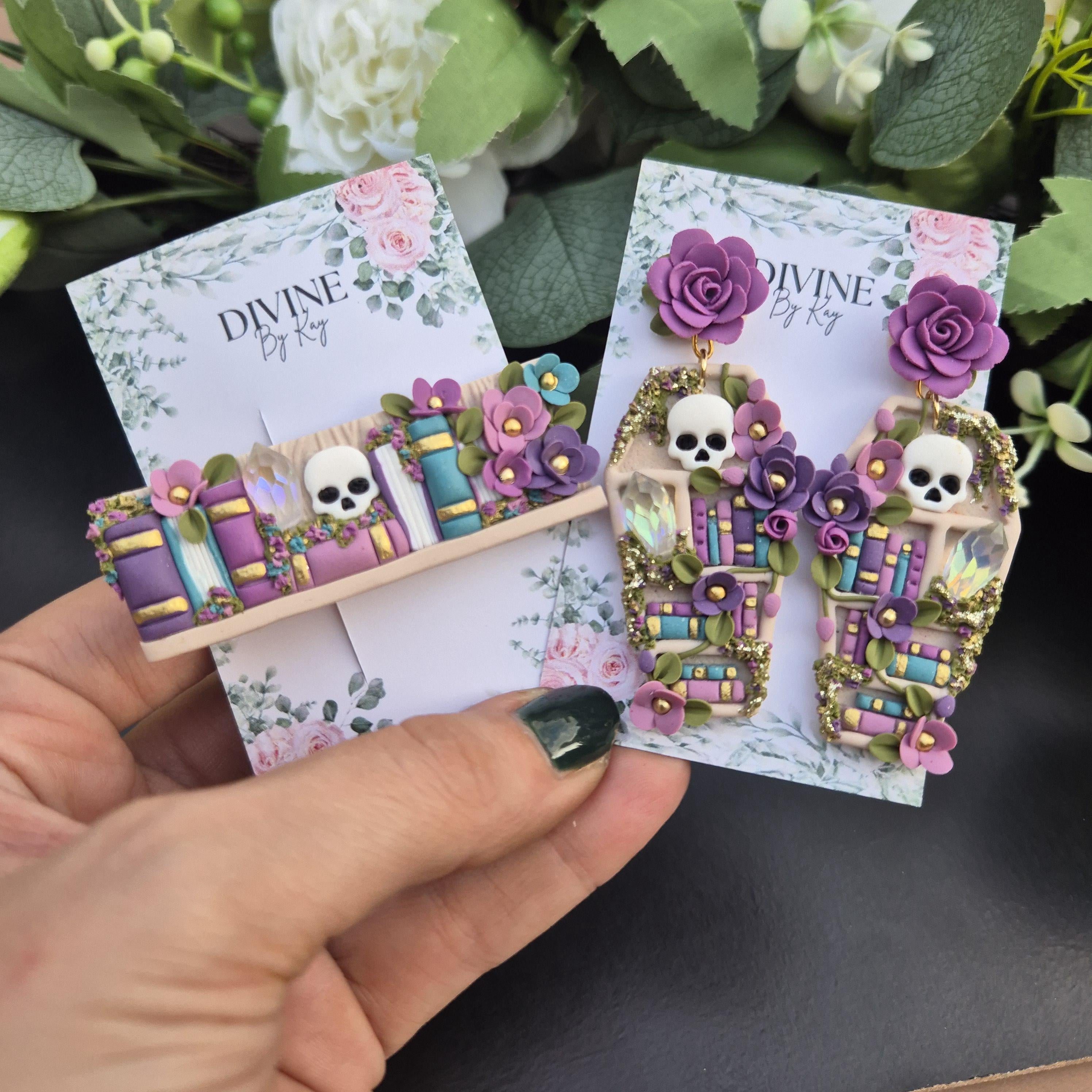 Skull Bookcase Earrings: Witchcraft Book Lover Gift