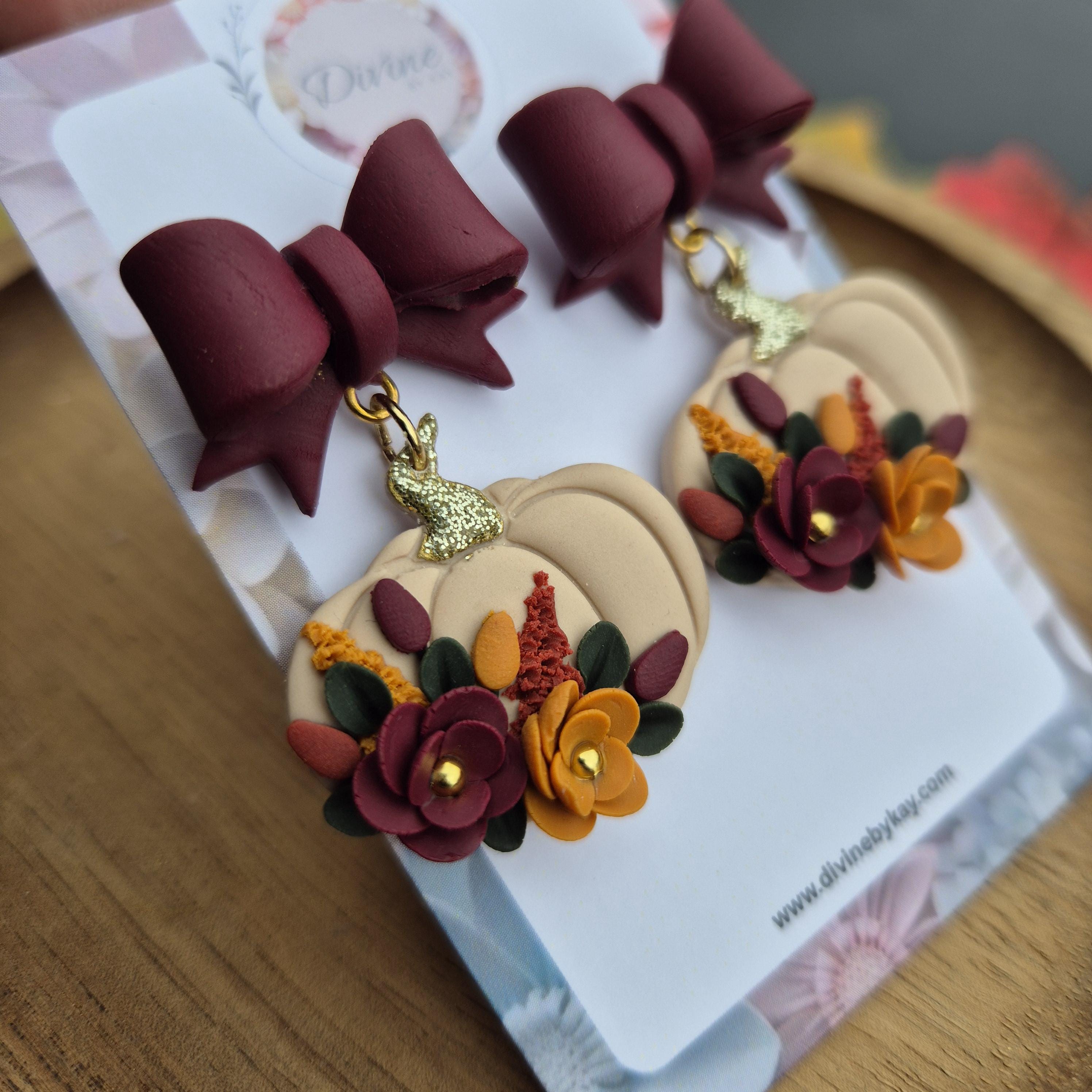 Floral Pumpkin Clay Dangle Earrings: Boho Fall Jewelry