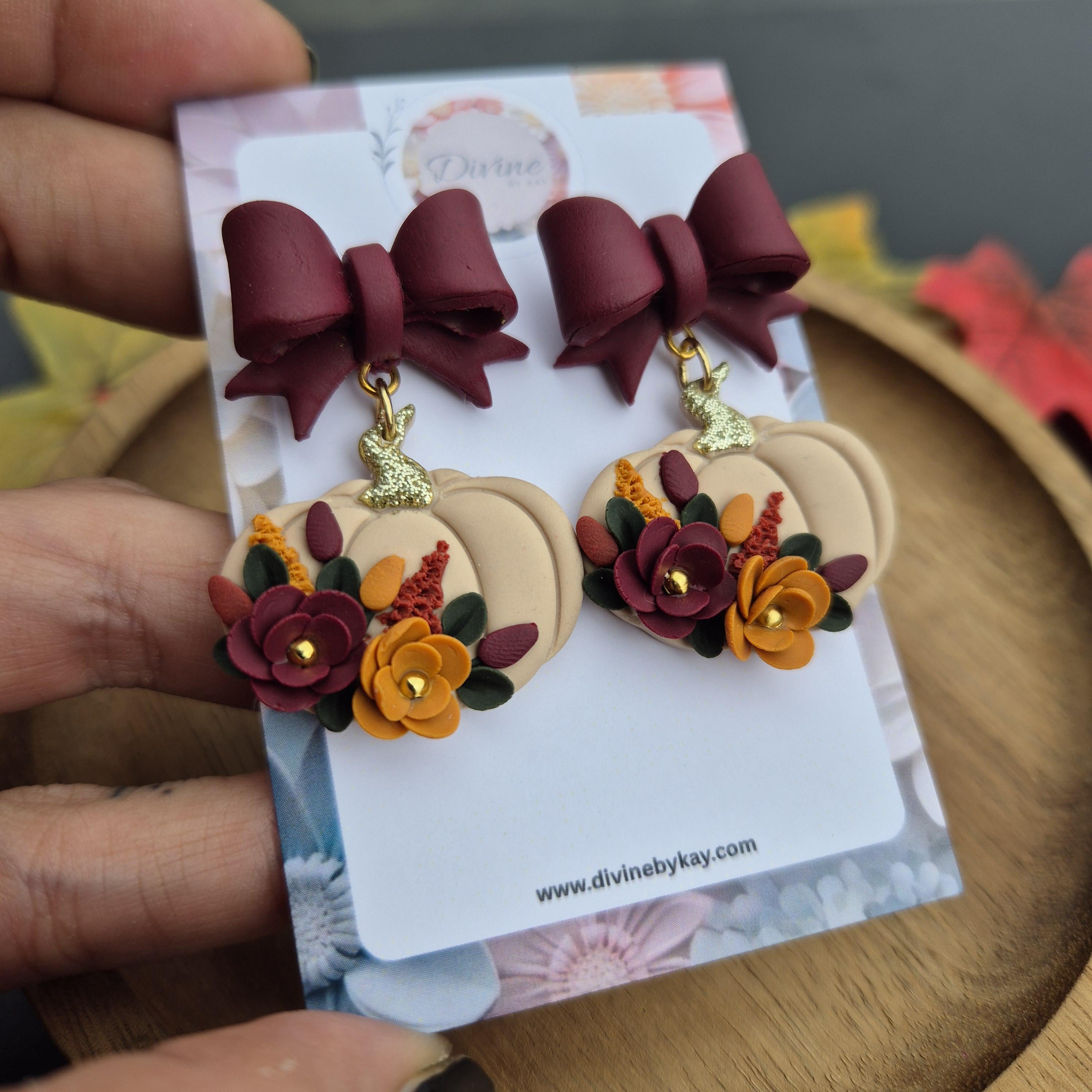 Floral Pumpkin Clay Dangle Earrings: Boho Fall Jewelry