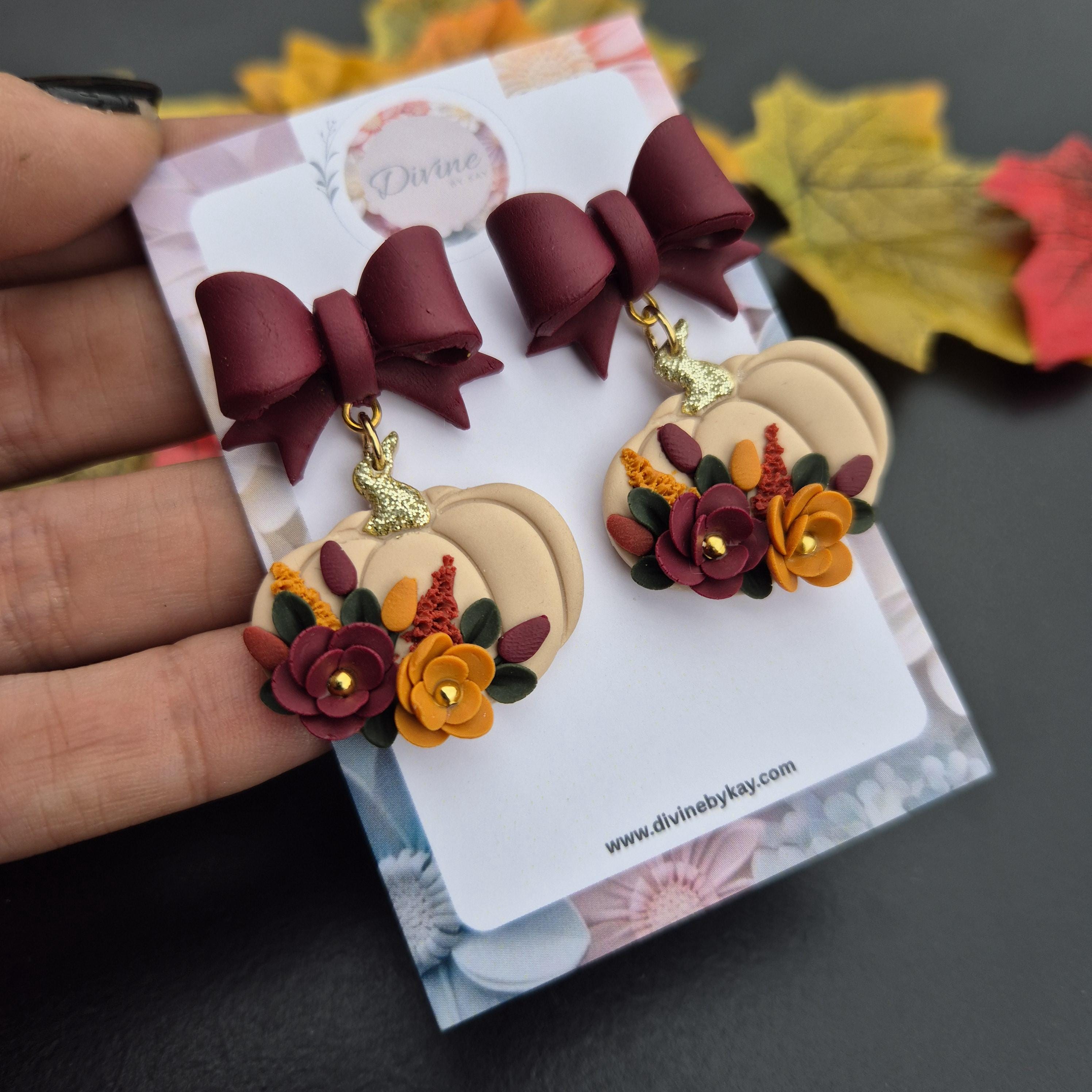 Floral Pumpkin Clay Dangle Earrings: Boho Fall Jewelry