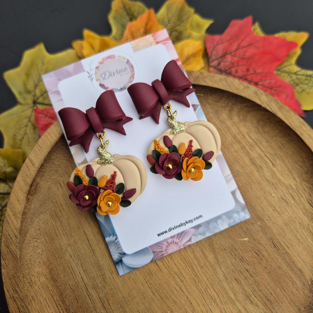 Floral Pumpkin Clay Dangle Earrings: Boho Fall Jewelry