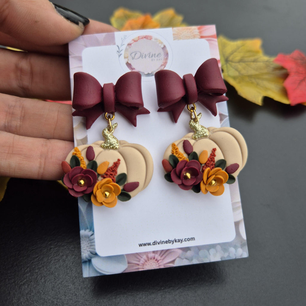 Floral Pumpkin Clay Dangle Earrings: Boho Fall Jewelry