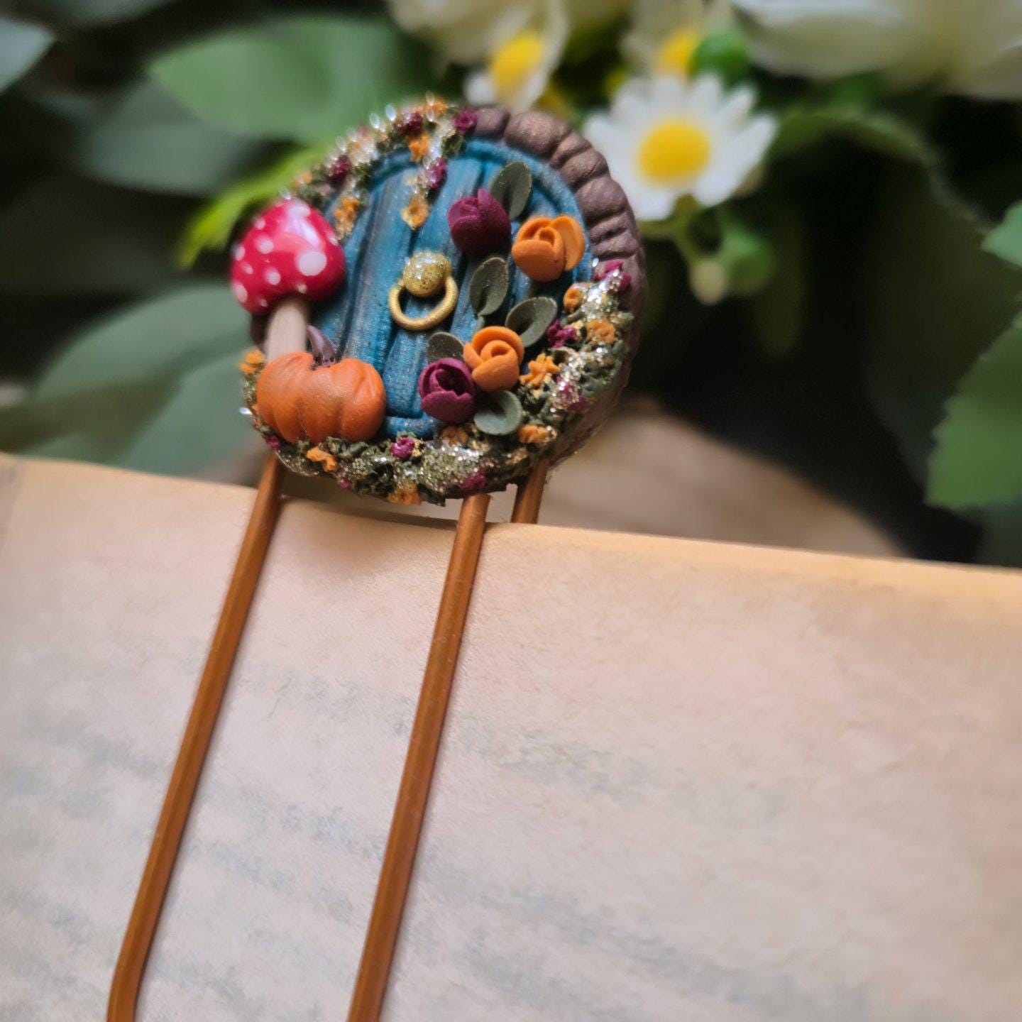 Hobbit door Book jewellery: Handcrafted paperclip bookmark, fairy door dangle earrings