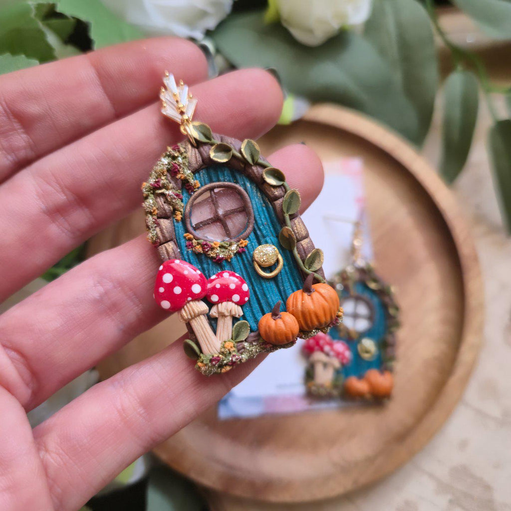 Hobbit door Book jewellery: Handcrafted paperclip bookmark, fairy door dangle earrings