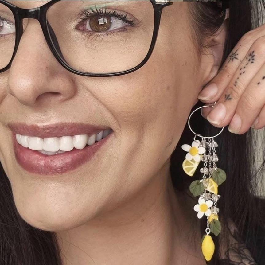 Lemon Charm Earrings, Crystal Dangle Hoops, Handmade Polymer Clay Citrus Jewellery
